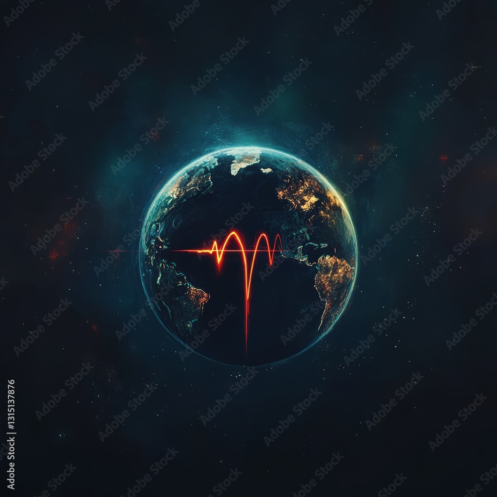 Poster a planet with a red line on it. the planet is surrounded by stars. the red line is an electrical pul