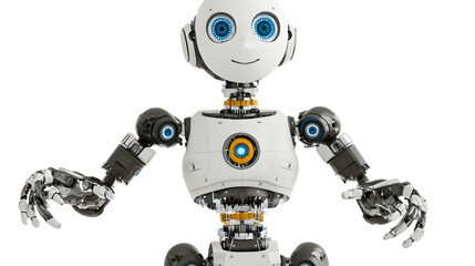 Friendly robot posing against white background; AI, automation, technology concept