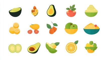 Obraz premium Colorful fruit and avocado cut-outs, food illustrations, for healthy eating