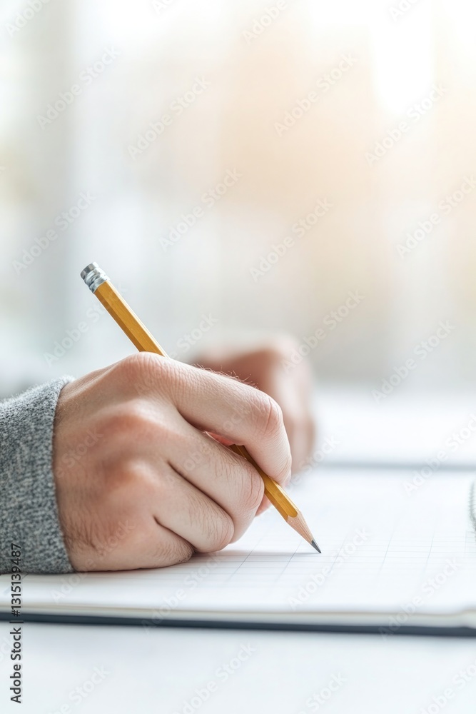 Poster close-up image of student hand taking notes during lecture pencil in contact with lined notebook pag