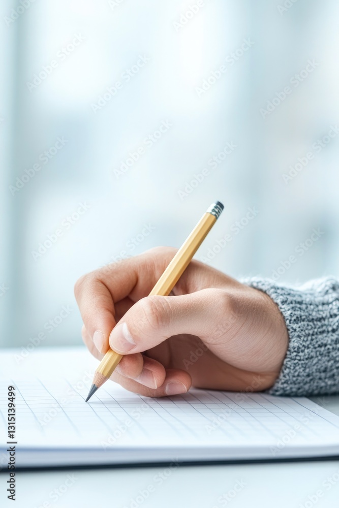 Poster close-up image of student hand taking notes during lecture pencil in contact with lined notebook pag