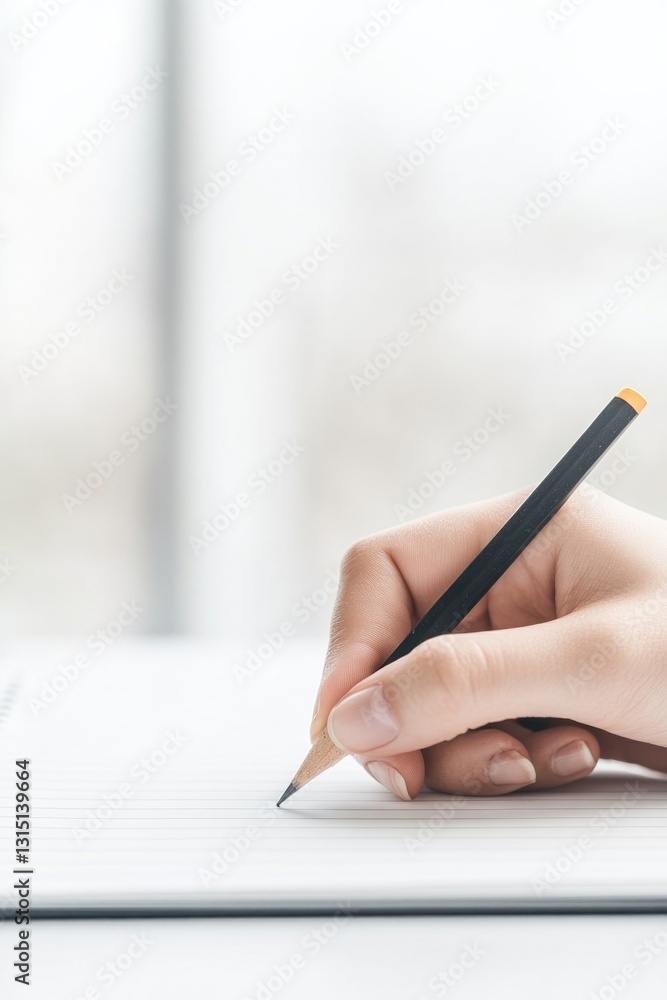 Poster close-up image of student hand taking notes during lecture pencil in contact with lined notebook pag