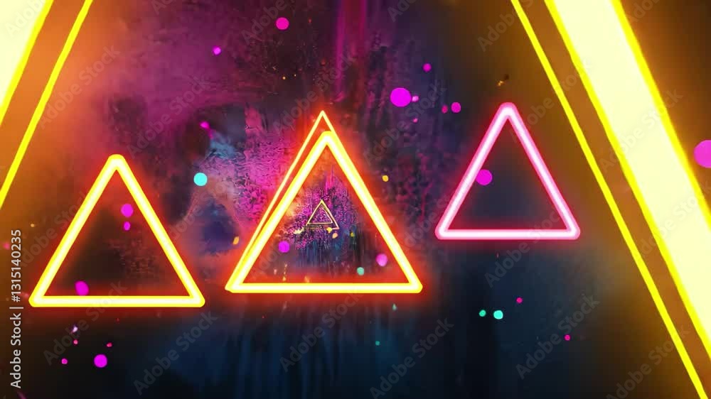 Poster Vibrant neon triangles illuminated over colorful light spots in abstract background, neon triangles over light spots