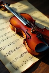 A polished violin rests gracefully upon a sheet of musical notation, bathed in warm, natural light, its rich reddish-brown tones contrasting beautifully with the creamy parchment