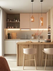 A modern kitchen with an island and bar stools