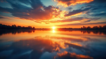 Obraz premium A stunning sunset over a quiet lake with reflections of the sky and trees in the water.