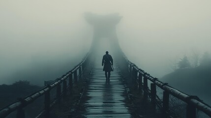 Obraz premium Samurai Walking Across a Bridge Shrouded in Fog