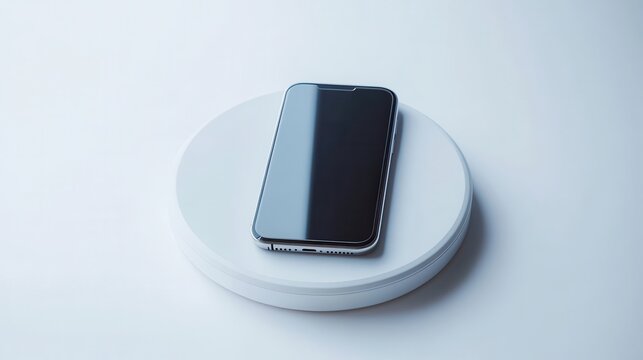A modern wireless charging pad with a smartphone placed on top, on a white isolated background
