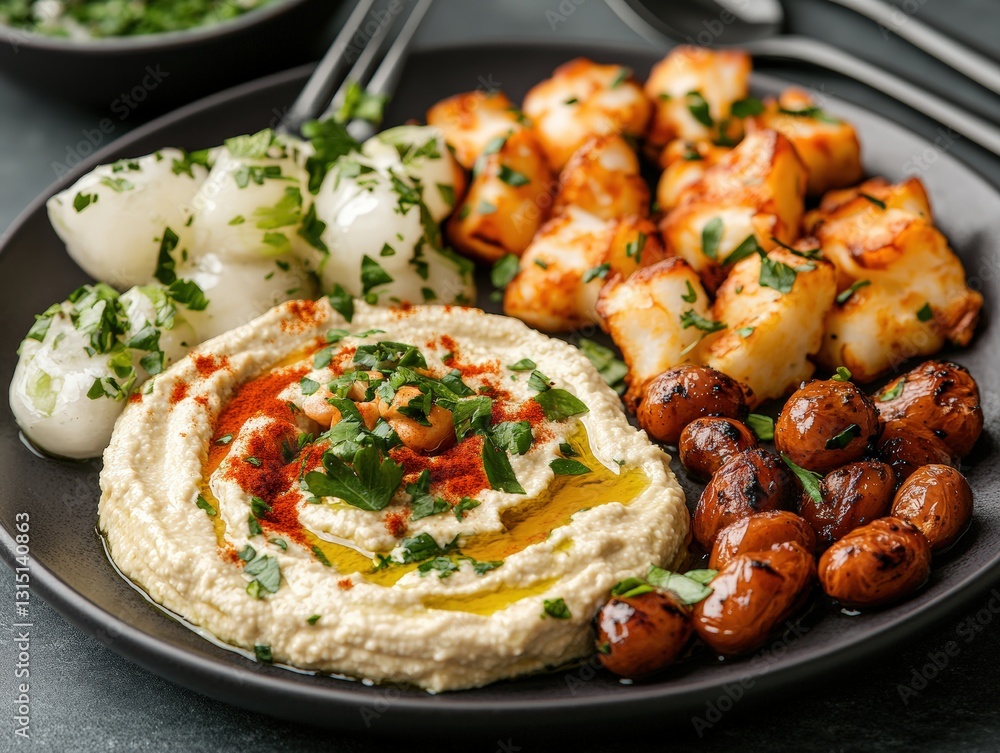 Poster a well-arranged plate of hummus accompanied by a fork for a perfect dining experience in a studio se