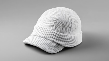 White knitted beanie with visor, isolated on grey background.
