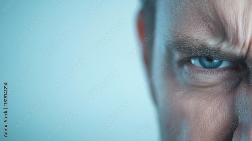 Poster close-up of furrowed brow with clenched teeth emphasizing tension and frustration with ample copy sp