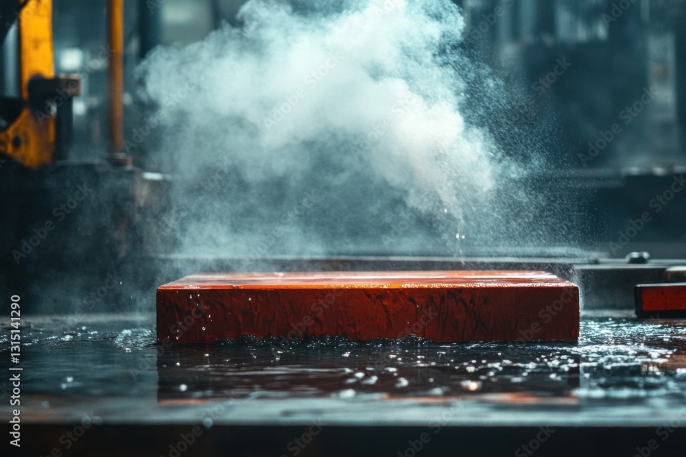 Poster red hot metal billets cooling in water, creating clouds of steam in a busy workshop filled with tool
