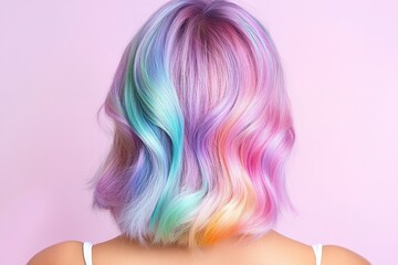 Naklejka premium Trendy Pastel Unicorn Hair in Vibrant Shades – Stylish Fantasy Hairstyle with Soft and Colorful Gradient for Professional Hairdressers, Creative Colorists, and Salon Styling Inspiration