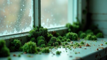 Window Sill Greenery A Lush, Miniature Ecosystem Thriving in an Untamed, Rustic Setting