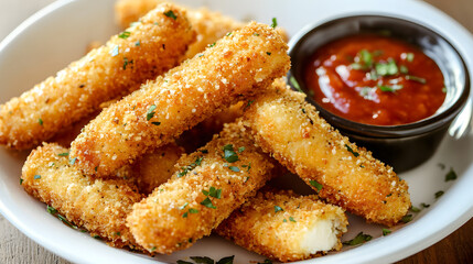 Crispy mozzarella sticks coated in breadcrumbs and topped with a sprinkle of parmesan cheese, served hot and golden.