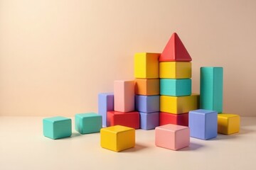 Fototapeta premium Pastel-colored wooden blocks arranged in a creative construction, showcasing vibrant hues and diverse shapes, ideal for educational or playful contexts.