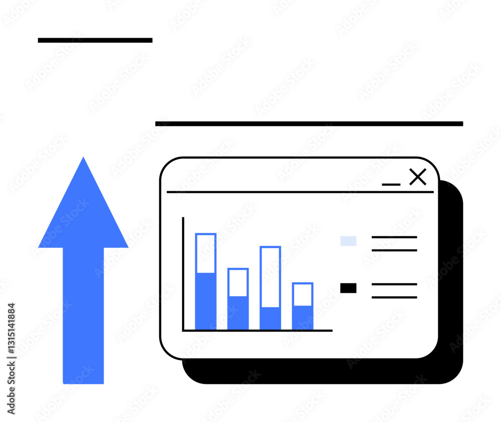 Poster analytics dashboard with bar chart and metrics paired with an upward-pointing arrow. ideal for growt