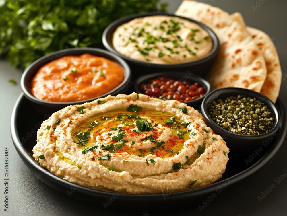 Poster a playful display of hummus in a bowl surrounded by colorful dipping vegetables and pita chips on a 