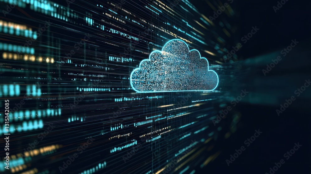 Poster abstract digital cloud computing design with blue glowing lines and pixels