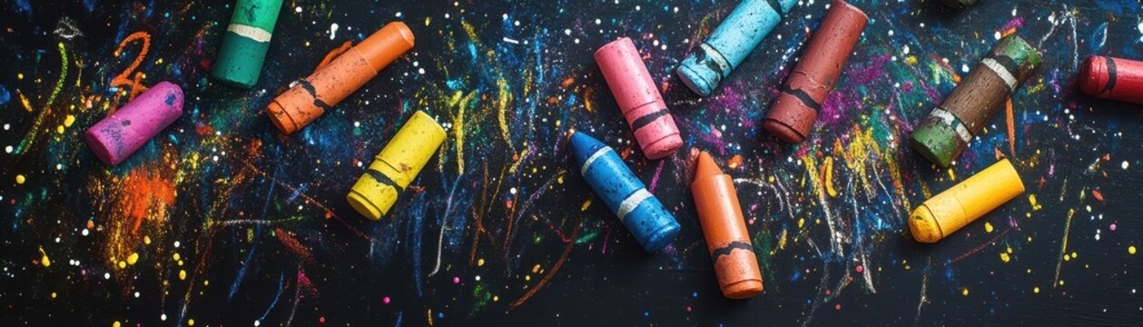 A vibrant close-up of a colorful assortment of crayons scattered on a wooden table, showcasing their rich hues and textures, with some crayons slightly broken and others sharpened.