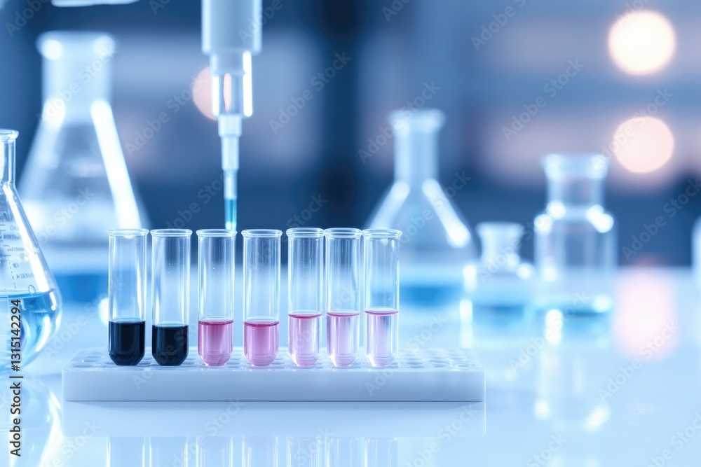 Poster close-up of laboratory workbench with test tubes filled with colorful liquids and pipettes brightly 