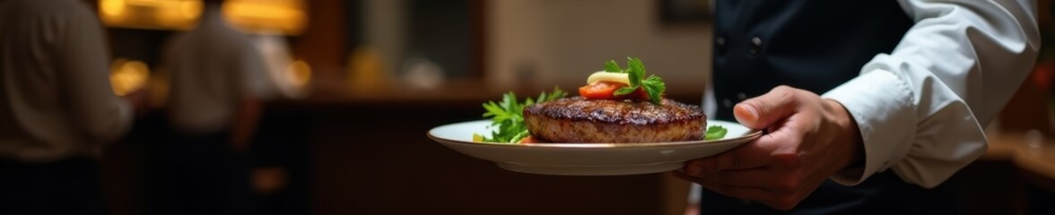 A waiter's hand carries a plate of sizzling steak , restaurant, catering service