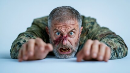 Man, adult, camouflage shirt, crawling forward with injured nose, menacing expression, graying hair and beard, studio shot on white background