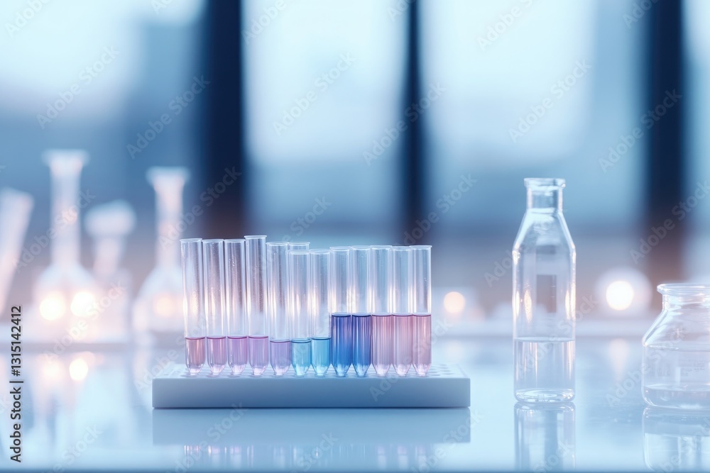 Poster close-up of laboratory workbench with test tubes filled with colorful liquids and pipettes brightly 