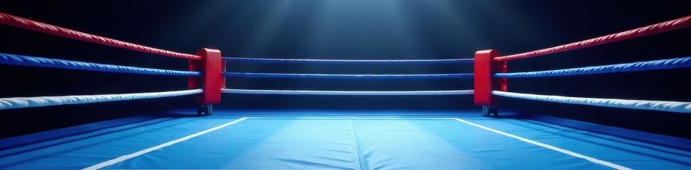 Blue ropes define a squared boxing ring's boundaries , squared ring, ring ropes, ring
