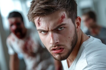 Fototapeta premium Injured man with bloody wounds stares intensely at camera as scary beings approach, in a horror scene