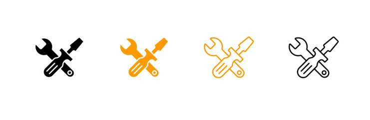 Icon set showcasing wrench and screwdriver in distinct styles and colors, suitable for tools themes.
