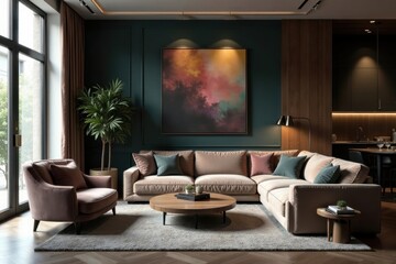 Chic living area, velvet seating, metallic accents, soft lighting, art, plants, furniture