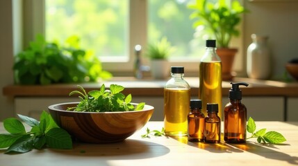 Sunlit Kitchen Counter with Aromatic Herbal Oils and Fresh Herbs in Wooden Bowl