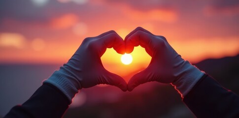 Fototapeta premium Close-up,gloved hands forming heart; vibrant sunset, outdoor, beautiful, image