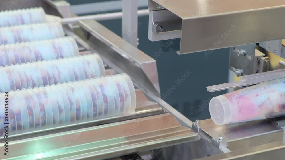Poster a machine is making cups with a blue and white design. the cups are being made in a factory