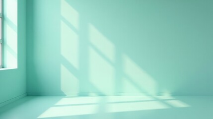 Fototapeta premium Serene Minimalist Room Interior with Light Streaming Through a Window, Casting Gentle Shadows on the Walls and Floor