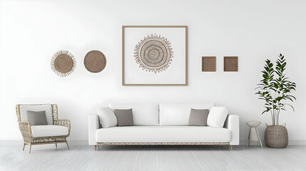 Modern Minimalist White Living Room Interior With Comfortable Sofa Armchair Wall Art And Decorative Accents Optimized For Adobe Stock Photo