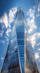 Fototapeta premium A stunning architectural marvel pierces the clear sky, reflecting sunlight from its sleek glass facade. The modern design contrasts beautifully with fluffy white clouds floating above