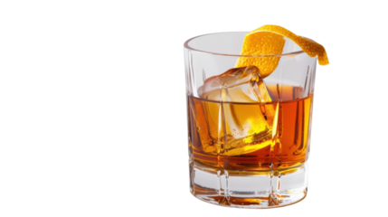 Whiskey with ice and orange zest on transparent background