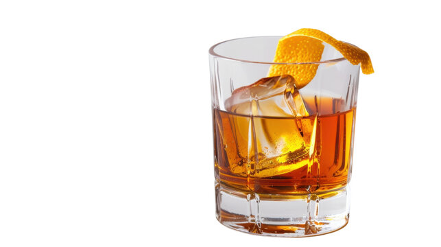 Whiskey with ice and orange zest on transparent background