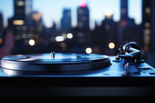 close-up of shiny turntable with spinning record against dark urban backdrop faint graffiti accents visible blurred