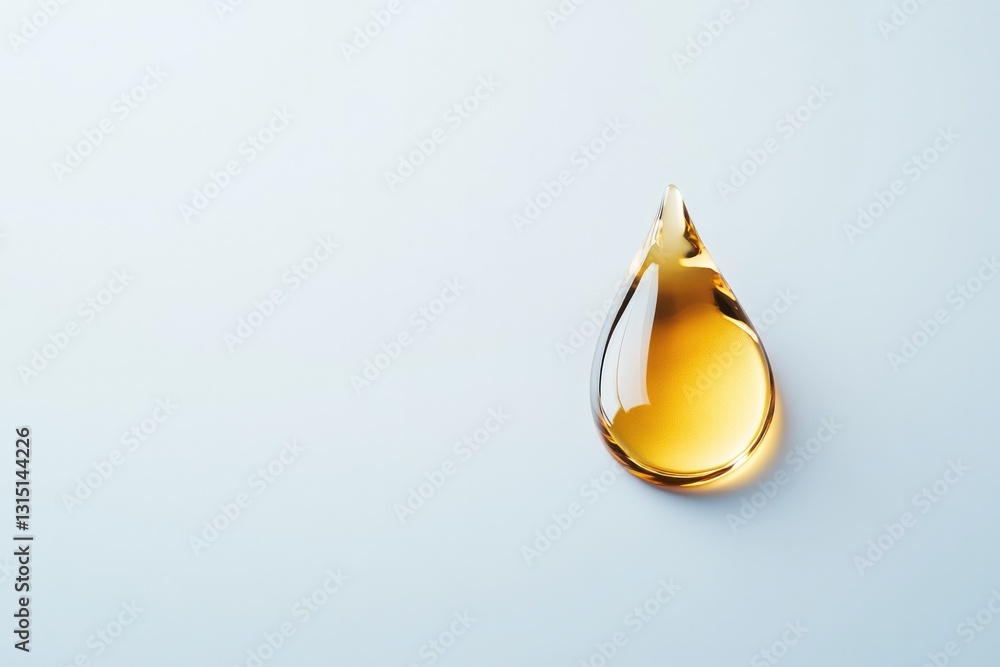 Poster close-up of single drop of shimmering golden liquid on smooth white surface encapsulating luxurious 