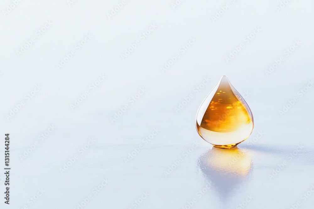 Poster close-up of single drop of shimmering golden liquid on smooth white surface encapsulating luxurious 