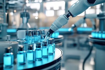 Robotic Arm Filling Blue Liquid in Small Bottles in Modern Factory