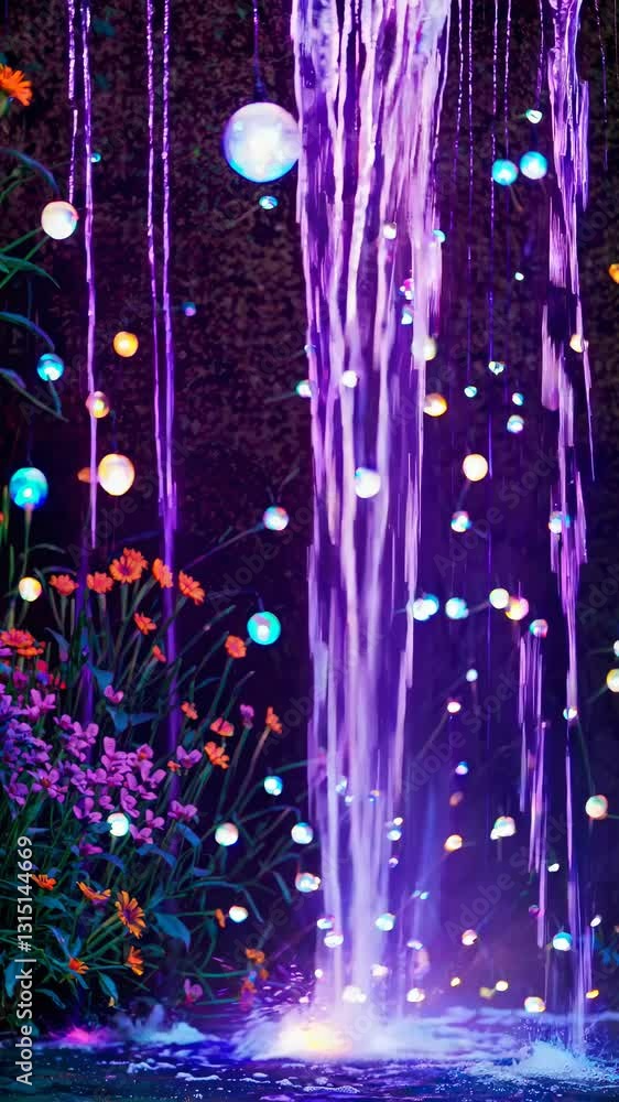 Poster a vertical video captures a close-up of a waterfall with colorful lights and flowers, creating a mag