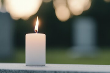 close-up of single white candle burning softly in front of blurred military grave marker symbolizing remembrance and