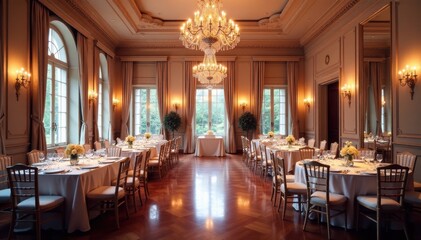 Obraz premium Elegant ballroom, crystal chandeliers, fine china, hotel, design, luxury