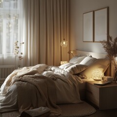 A cozy bedroom decorated with neutral tones and soft lighting