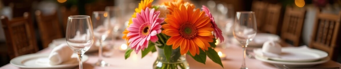 Elegant wedding table centerpiece, vibrant gerbera bouquet , fresh, bright