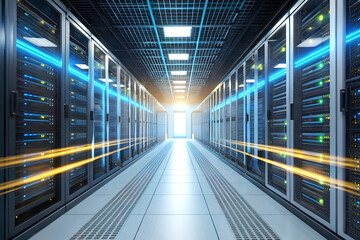 Obraz premium Server Room Data Center: Rows of powerful servers illuminate a data center's network, signifying the technological infrastructure powering the digital age. Streaks of digital data illuminate the rows.